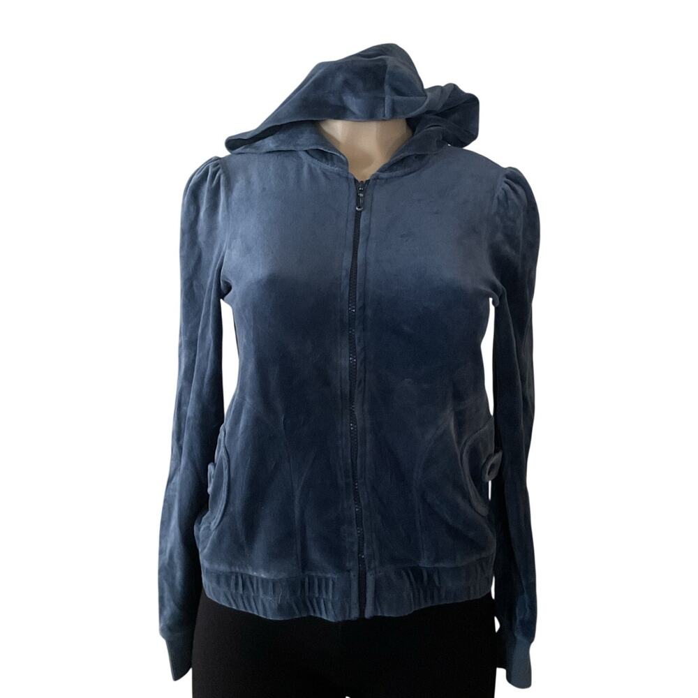 Vintage Y2K Juicy Couture Velour Hoodie Womens M Blue Puff Sleeve Full Zip USA